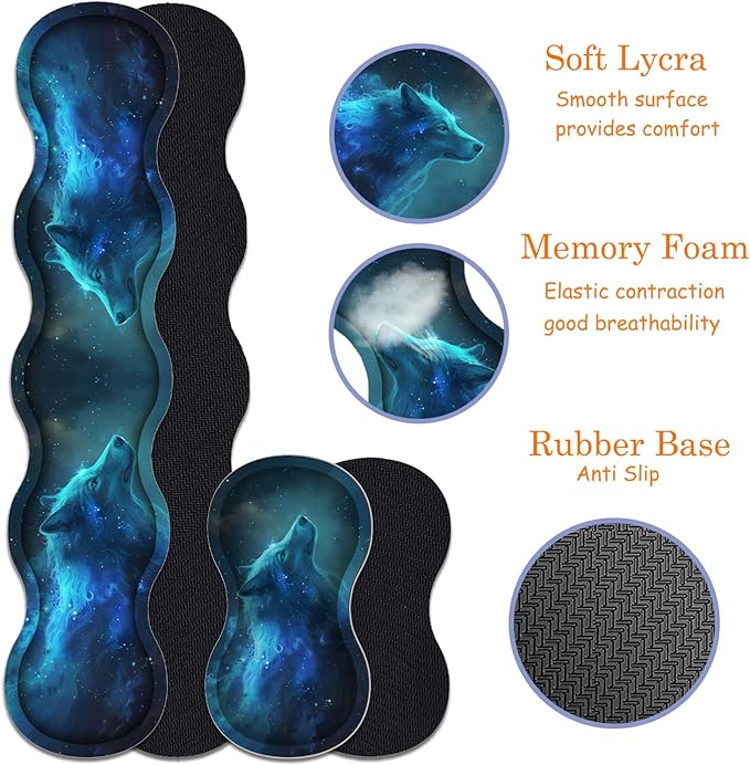 Large Gaming Mouse Pad + Keyboard Wrist Rest + Wrist Support + Coaster Set, Memory Foam Ergonomic for Easy Typing, XXL Extended Gaming Mouse Pad Table Pad - Nebular Wolf