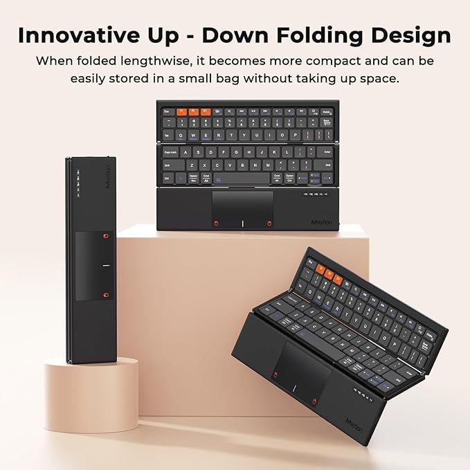 MEETION Foldable Bluetooth Keyboard with Touchpad, Tri-Folding Compact Box Portable Keyboard, Rechargeable Wireless Travel Keyboards with Trackpad for iPad Smartphone Laptop PC Windows iOS Mac Android
