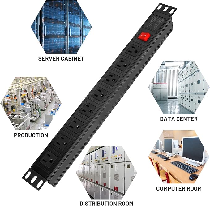 BTU Power Strip Surge Protector Rack-Mount PDU, 8 Right Angle Outlets Wide-Spaced, Mountable Power Strip Heavy Duty for Server Racks, Commercial, 300J,ETL (Black 6FT)