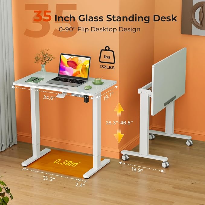 35inch Glass Standing Desk，90° Tiltable Mobile Rising Desk Height Adjustable，Whole Piece Rolling Drafting/DrawingTable with Wheels，Foldable Small Laptop Art Desk，White