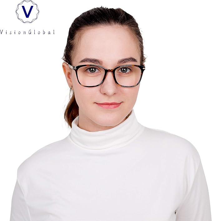 VisionGlobal Blue Light Blocking Glasses for Women Men, Stylish Square Frame(Brown Tortoise,No Magnification)