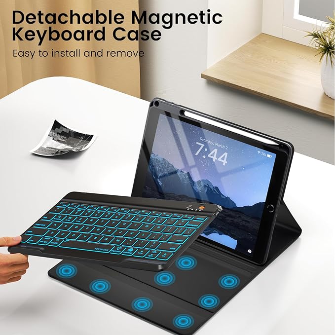 OYEEICE Keyboard case for iPad 9.7 inch, iPad 6th Gen (2018), iPad 5th Gen (2017), iPad Air 2 (2014) - 7 Color Backlit Wireless Keyboard with Pencil Holder for iPad 6th/5th Pro 9.7'' Air 2/1 - Black