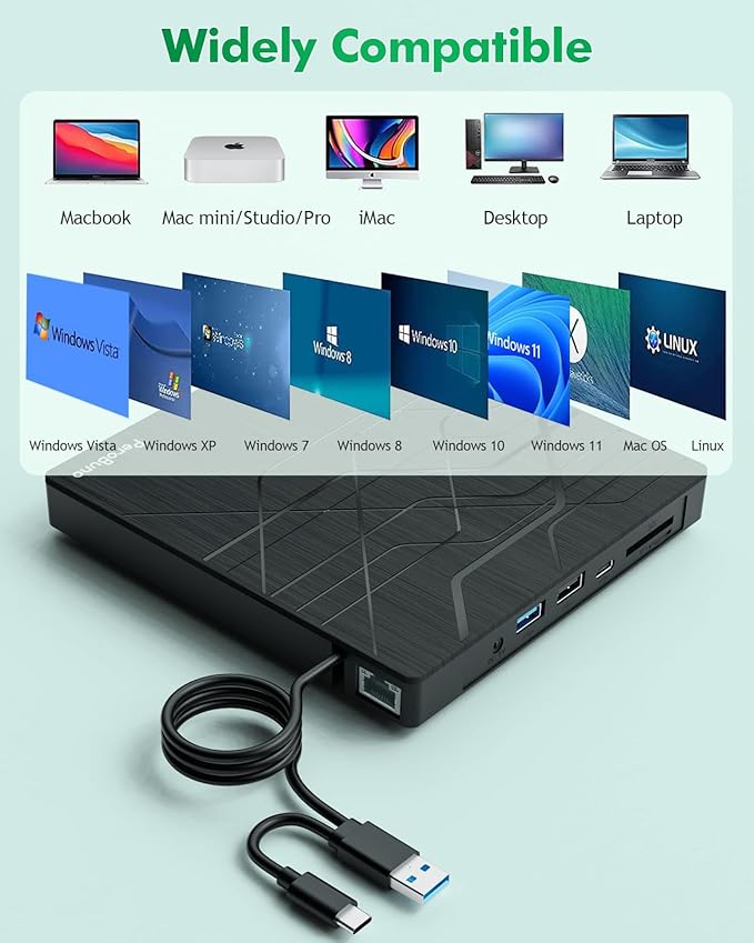 Super External CD DVD Drive, USB 3.0 DVD Burner with Ethernet Adapter, 3 USB and 2 TF/SD Card Ports, CD DVD Player Reader Writer Optical Disk Drive for Laptop MacBook PC Windows 11/10/8/7 Linux Mac OS