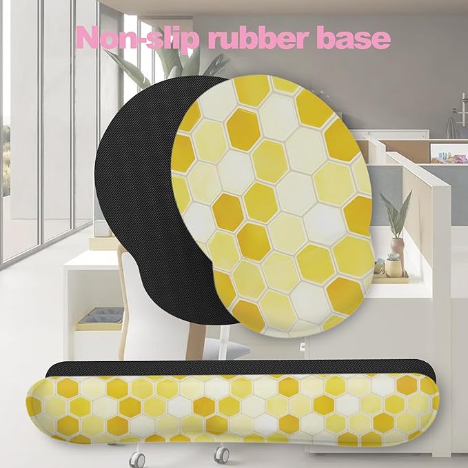 Honeycomb Bee Geometric Ergonomic Wrist Support Keyboard Mouse Wrist Rest Set, Computer Office Comfortable Wrist Rest for Mouse Easy Typing