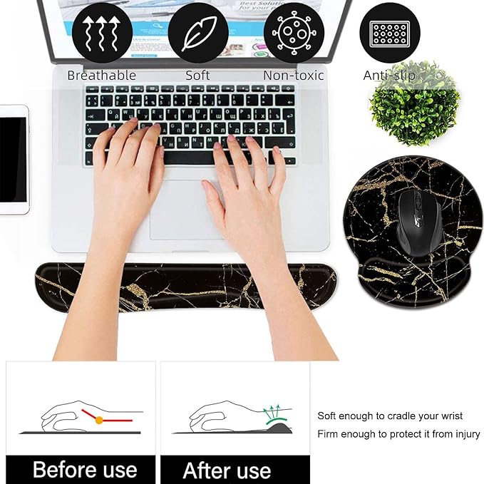 Bxgolkgd Keyboard Wrist Rest and Mouse Pad Wrist Support Set,Ergonomic Memory Foam Wrist Pad & Non Slip Base for Home Office Working Studying Easy Typing,Pain Relief,Black Gold Marble