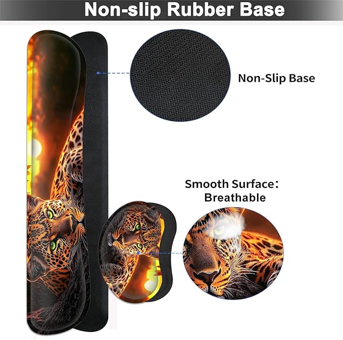 Large Mouse pad and Keyboard Support Set, Ergonomic Memory Foam Keyboard Wrist Rest, Extended Gaming Mouse Pad with Stitched Edges, Animal Leopard XXL Desk Mat (31.5 X 11.8 in)