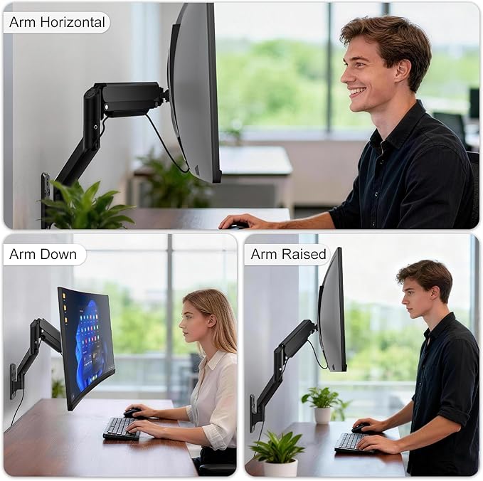 WALI Computer Monitor Wall Mount for 17 to 32 Inch Screens, Single Monitors Mount Holds up to 22lbs, Fully Adjustable Gas Spring Wall Mount Monitor Arm, 75x75/100x100mm VESA Mount (GSWM001), Black