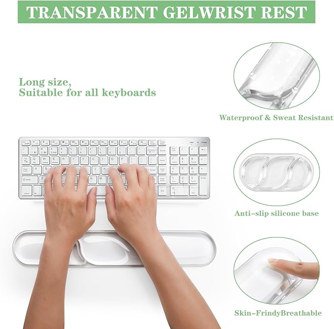Keyboard and Mouse Wrist Rest, Silicone Gel Ergonomic Mouse Pad with Wrist Rest Set, Gaming Mousepad Arm Cushion Support for Computer Office Desk Accessories (Clear Gel White Set - 2)