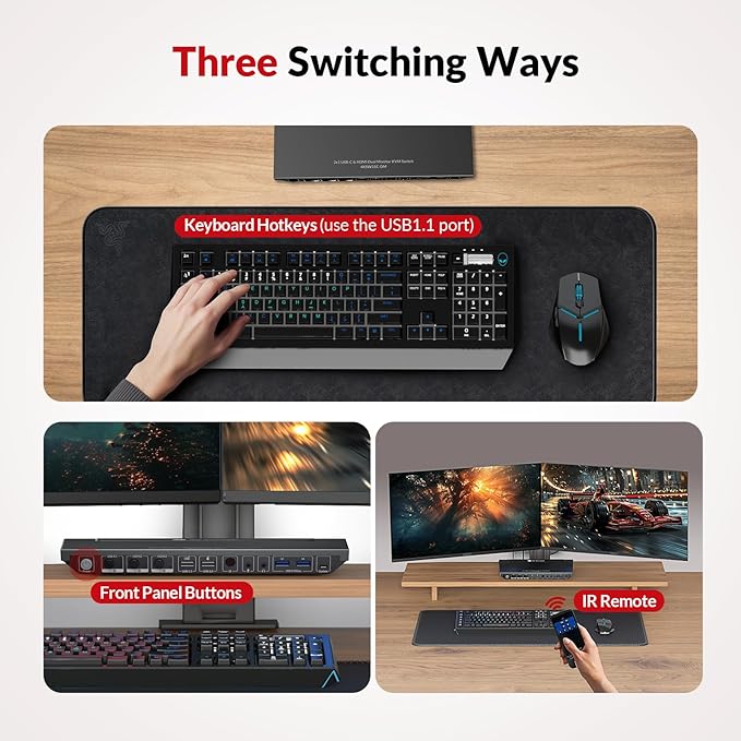 AV Access KVM Switch Dock for a Laptop and 2 Desktop PCs, Dual 4K Monitor USB C Docking Station, Type-C 65W Charging for Laptop, Ethernet, EDID, Hotkey Switch, HDMI, 4K@60Hz, 1080P@240Hz, USB 3.0