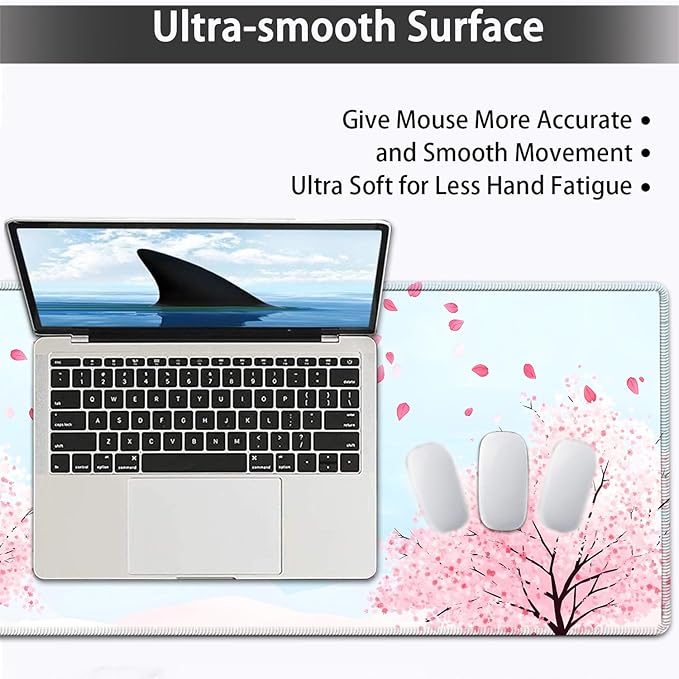 Large Mouse pad and Keyboard Support Set, Ergonomic Memory Foam Keyboard Wrist Rest, Extended Gaming Mouse Pad with Stitched Edges, Sakura Cherry Tree XXL Desk Mat (31.5 X 11.8 in)