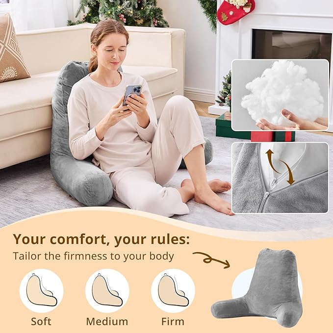 Sasttie 25-inch Reading Pillows for Sitting in Bed Adult, Jumbo Velvet Back Pillow Bed Sitting Up, XL High Back-Rest Support Cushion for Sit Up on Couch & Floor, Oeko-Tex Certified, Dark Grey