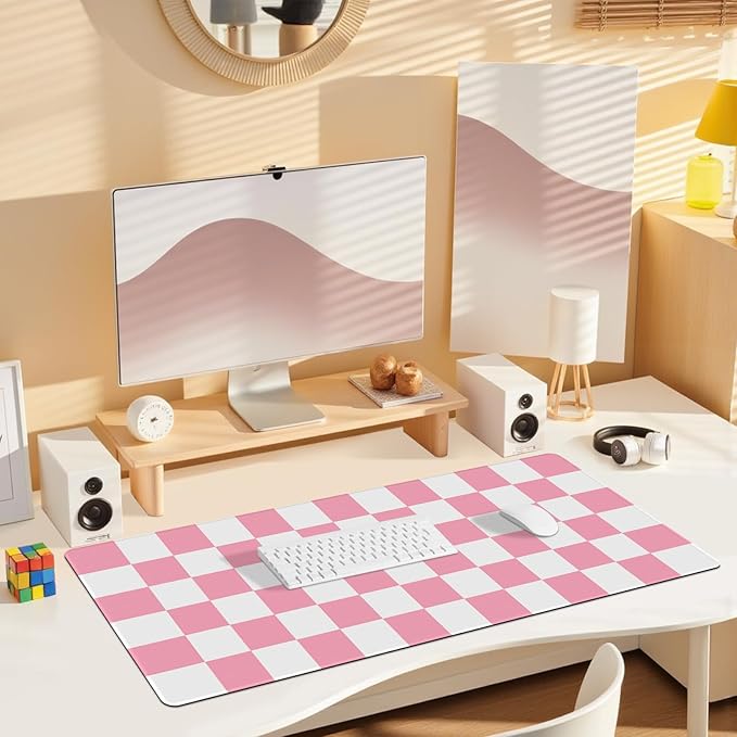 Pink White Desk Pad Mouse Pad, Checkered Pattern Large Gaming Mouse Mat with Stitched Edges, Non-Slip Waterproof Rubber Base Mous Mat for Office Computer Keyboard Laptop Home Decor (35.4X17.5 in)