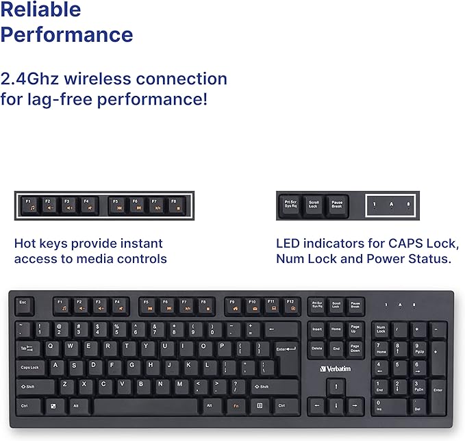 Verbatim Slimline Wireless Keyboard 2.4GHz USB Plug-and-Play Numeric Keypad Adjustable Tilt Legs Wireless Full-Size Computer Keyboard Compatible with PC, Laptop -Frustration Free Packaging Black 70738