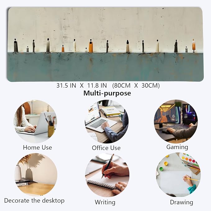 Beige Green Summer Beach Mouse Pad,XL Large Art Minimalist Abstract People Desk Mat,Aesthetic Calming Beach Crowd Desk Mat for Home Office Dorm Desktop Decor,31.5x11.8 Inch