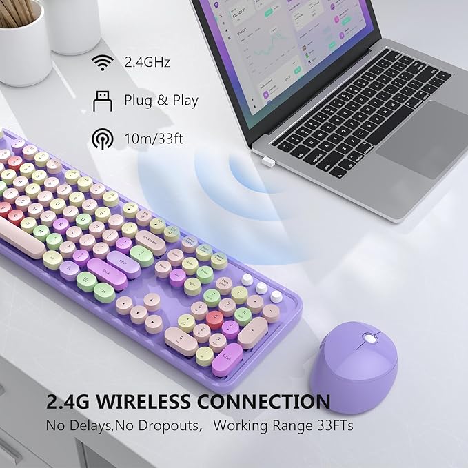 Wireless Keyboard and Mouse Combo, MOFII Full-Size Retro Round Keyboard and Mouse, 2.4 GHz Wireless, Plug and Play, 8 Multimedia & Shortcut Keysfor Mac, Windows, Laptop/Desktop/PC (Purple)