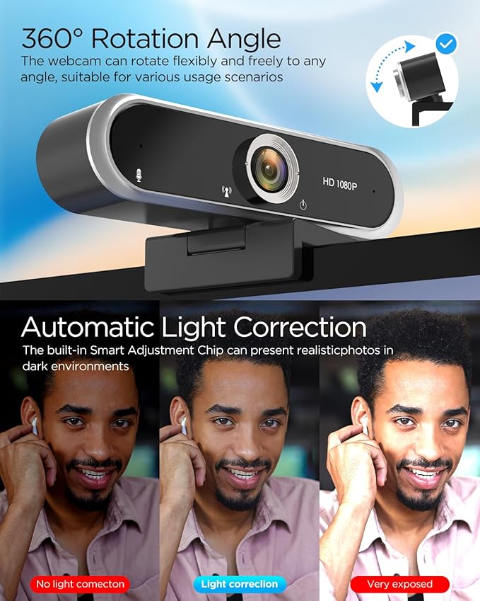 Webcam 1080P with Microphone & Privacy Cover for PC/Laptop, USB Computer Camera Plug & Play with Auto Light Correction for Video Calls, Live Streaming Gaming & Online Meetings