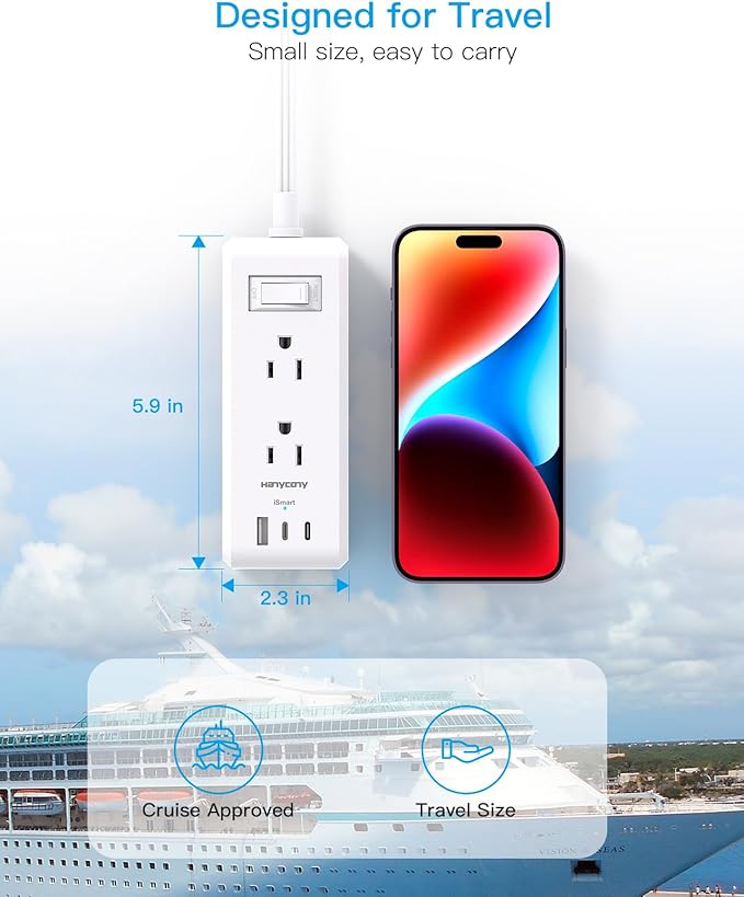Extension Cord 15 Ft, HANYCONY Flat Plug Long Cord Power Strip, Ultra Thin Extension Cord, 6 Outlets 3 USB Ports(2 USB C), Outlet Extender with Wall Mount for Home Office Desk Accessories