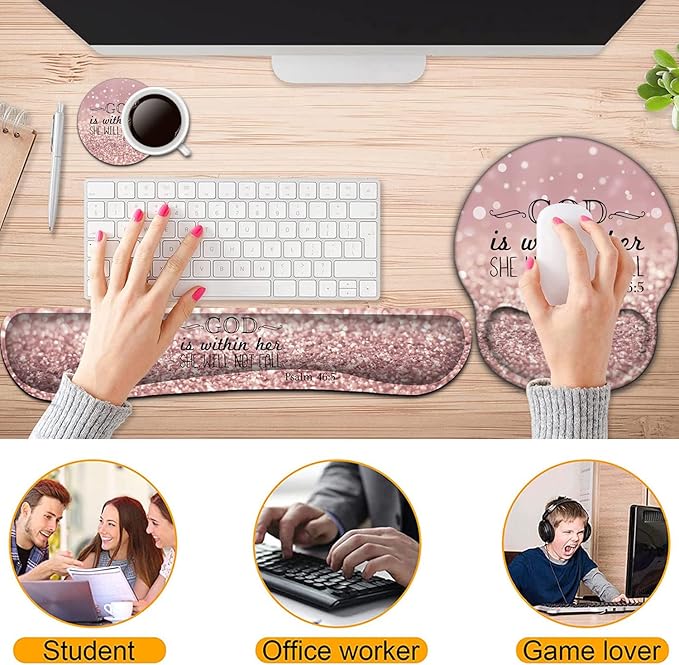 Keyboard Wrist Rest and Mouse Pad with Wrist Support, Ergonomic Mouse Pad Coaster, Easy Typing Pain Relief, Keyboard Mousepad Set,Psalm 46:5 God is Within Her,She Will Not Fall Pink Glitter