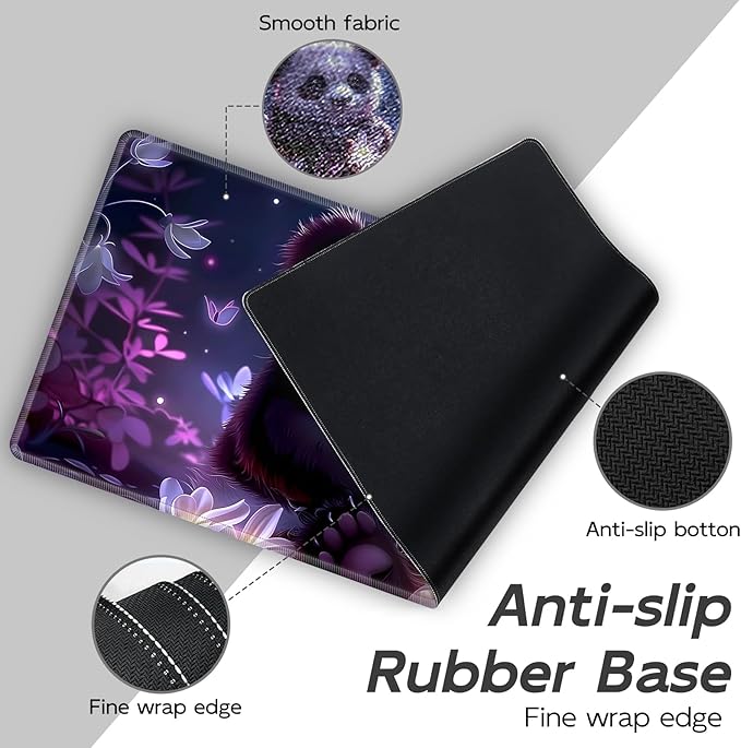 Gaming Mouse Pad Set, Cute Panda Large Desk Mat Mousepad, Keyboard Wrist Support, Mouse Wrist Rest, Coaster 4in1 Ergonomic Memory Foam, Non-Slip Stitched Edge for Home Office