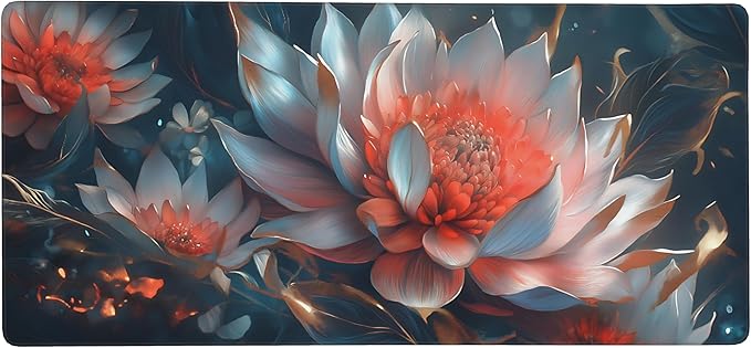 Floral Aesthetic Lotus Gaming Mouse Pad, Ink Blue Red Cyber Desk Mat with Anti-Slip Base & Stitched Edges,35.4" x 15.7" in Table Mat for Computer Desktop, Beautiful Workstation Decor