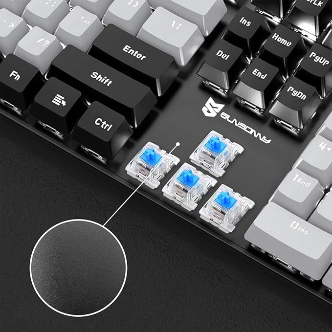 104 Keys Wired Mechanical Gaming Keyboard | White LED Backlit US Layout | Hot Swappable Blue Switch Full Size Mechanical Keyboard | Black & Grey Keycaps Light Up PC Gaming Computer Keyboards