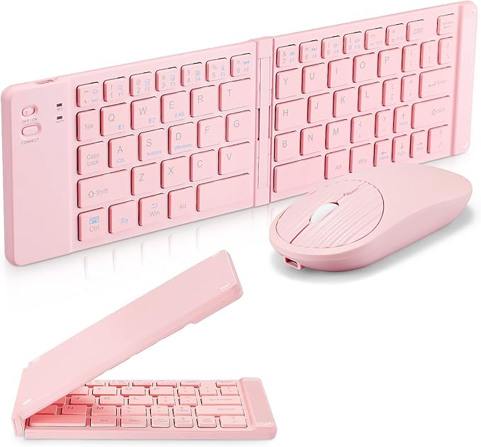Mini Rechargeable Foldable Bluetooth Keyboard and Mouse Combo, Portable (Sync Up to 3 Devices), Ultra-Slim Travel Folding Keyboard for iPhone iPad Mac Android Windows iOS（Pink）