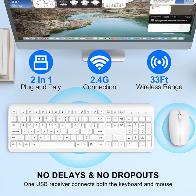 Wireless Keyboard and Mouse Combo, Full-Size Silent Ergonomic Keyboard and Optical Mouse, Long Battery Life, 2.4GHz Lag-Free Cordless Mice Keyboard for Computer, Mac, Laptop, PC, Windows(White)