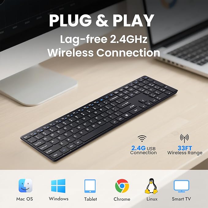 Wireless Keyboard-2.4G USB Ultra Slim Quiet Full Size Matte PC Computer Keyboard,19 Multimedia Keys,Number Pad,Plug&Play,Lag-Free Ergo,Long Battery Life for Desktop,Laptop,Smart TV,MAC,Windows,QWERTY