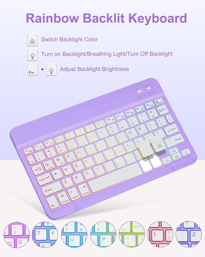 Case with Keyboard Mouse for iPad A16 11th 10th Generation 11/10.9 inch,Rainbow Backlit Detachable Keypad Rotatable Magnetic Cover with Pencil Holder for iPad 11 2025 10 Gen 2022 Purple
