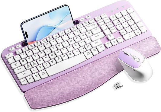 Wireless Keyboard and Mouse Combo, Wave Keys Computer Ergonomic Keyboard with Cushioned Plam Rest, Phone Holder, 2.4GHz Silent 6 Button Wireless Mouse Set for Laptop, PC, Windows, Mac (Purple)