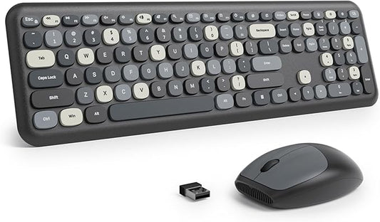 Surmen Colorful Black Quiet Keyboard and Mouse Wireless, Full-Size Girly Slient Keyboard Retro Typewriter Low-Noise 2.4GHz for Computer, Desktop, Laptop (X110-Blend Gray)