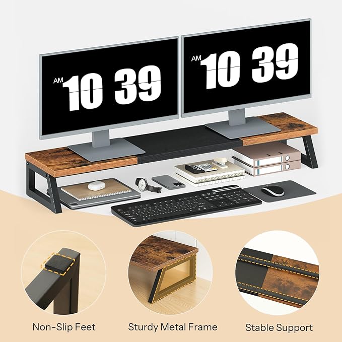 HOOBRO Dual Monitor Stand Riser, 39 Inch Large Computer Monitor Stand for 2 Monitors, Computer Monitor Riser, Desk Shelf Organizer for Office Desk, Accessories, Rustic Brown and Black BF121CJ01