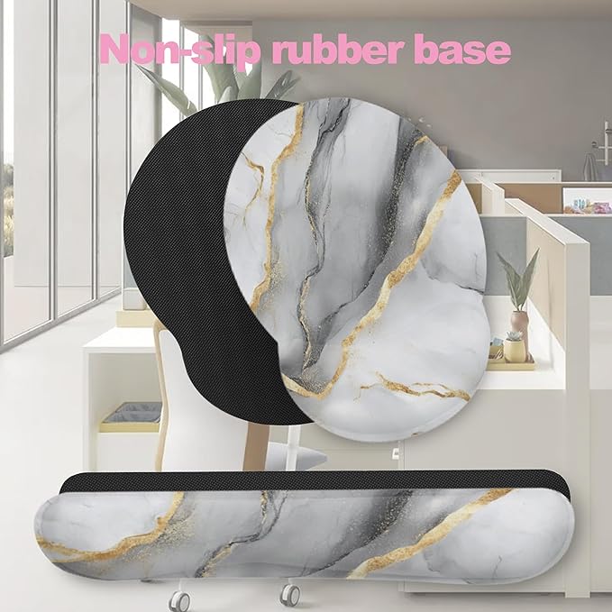 Gray White Gold Marble Keyboard Wrist Rest Pad Mouse Pad Set,Ergonomic Mousepad Wrist Support Memory Foam Desk Pad for Gaming Office,Non-Slip Rubber Base Easy Typing for Home Office Computers