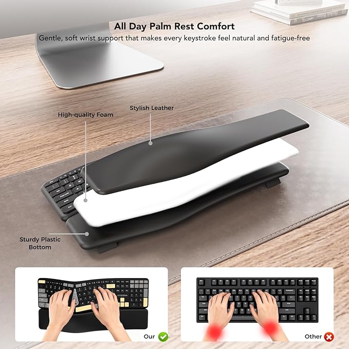 KYSONA Ergonomic Keyboard Mouse Wireless Combo, Full Size Bluetooth Split Keyboard with Wrist Rest, 4 Level DPI Ergo Mouse for Windows Mac OS Computer, Colorful Black