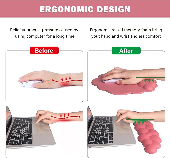Cloud Keyboard Wrist Rest and Mouse Pad with Wrist Support Set, Ergonomic PU Leather Mouse Pads, Pain Relief Memory Foam Non-Slip for Computer,Laptop, Morandi Red