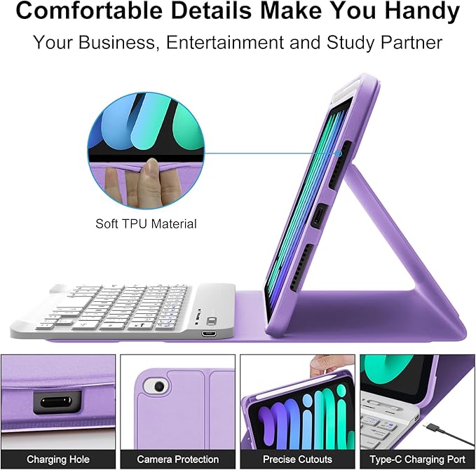 BORIYUAN iPad mini Keyboard Case, Detachable Wireless Bluetooth Keyboard Slim Folio Smart Cover for Apple iPad mini 5 2019/iPad Mini 1 2 3 4 - Purple