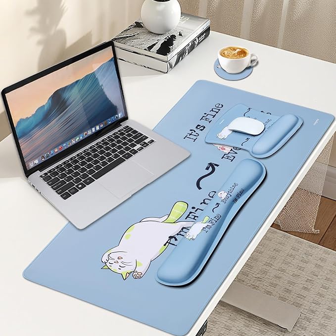 MEGREZ 4-in-1 Ergonomic Memory Foam Wrist Rest Set, Desk Pad, Mouse Pad with Wrist Rest, Keyboard Pad, Suitable for Office Workers, Programmers & Gamers–Relieve Typing & Gaming Fatigue, Grey