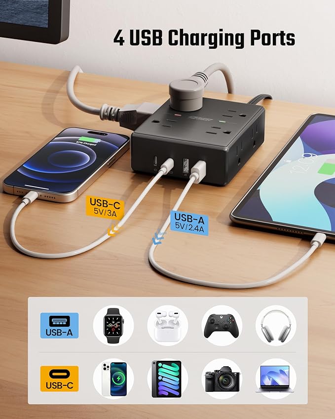 25Ft Long Extension Cord, Flat Plug Power Strip Surge Protector, 8 Outlet 4 USB Ports (2 USB C), Wall Mountable, Desk Charging Station for Home Office, College Dorm Room Essentials (Black)