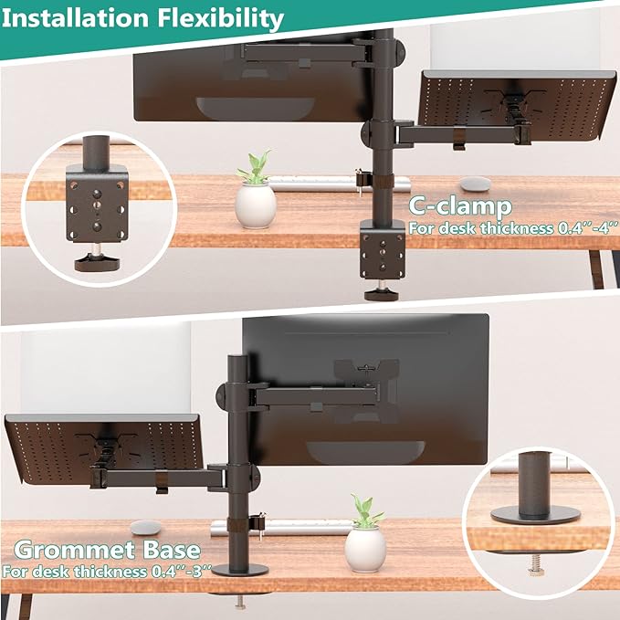 WALI Dual Arm Laptop and Monitor Desk Mount for 17" Notebook and Up to 27" Screen, Fully Adjustable Monitor Arm with Laptop Tray, VESA 75x75 100x100, Holds up to 22 lbs, Black (M001LP)