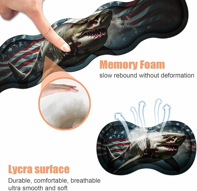 Ergonomic Keyboard Wrist Rest & Mouse Pad Wrist Rest Set, Large XXL Gaming Desk Mat 31.5"x 11.8" with Non-Slip Base, Memory Foam, Easy Typing Pain Relief for Home & Office, American Flag Shark