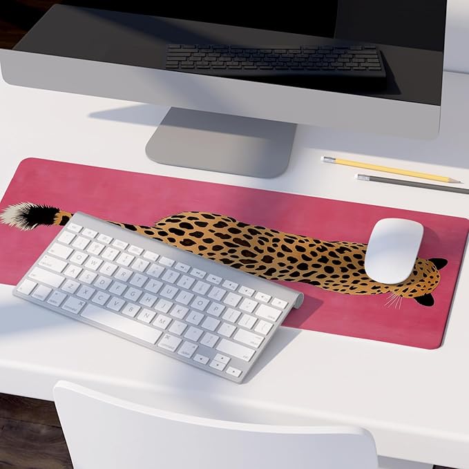 Pink Boho Cheetah Decor Desk Mat,XL Large Bold Leopard Animal Mouse Pad,Vibrant Retro Pop Art Cat Mousepad for Home Office Dorm Desktop Decor,31.5x11.8 Inch