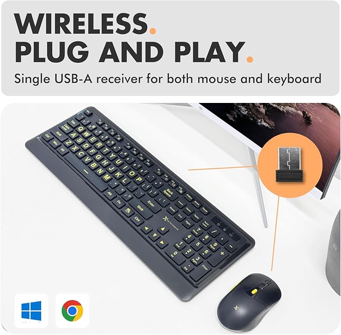 X9 Performance Large Print Wireless Keyboard and Mouse Combo - Easy to See Yellow Letters for Seniors and Low Vision Users - 2.4Ghz Wireless Mouse and Keyboard Combo for PC