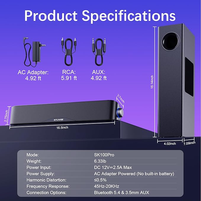 Nylavee Computer Speakers with Subwoofer, 2.1 PC Speakers System with Bluetooth 5.4 & 3.5mm Aux-in, 60W Peak Power, AC Adapter Powered Computer Sound Bar for Desktop PC, Laptop, Monitor, Gaming
