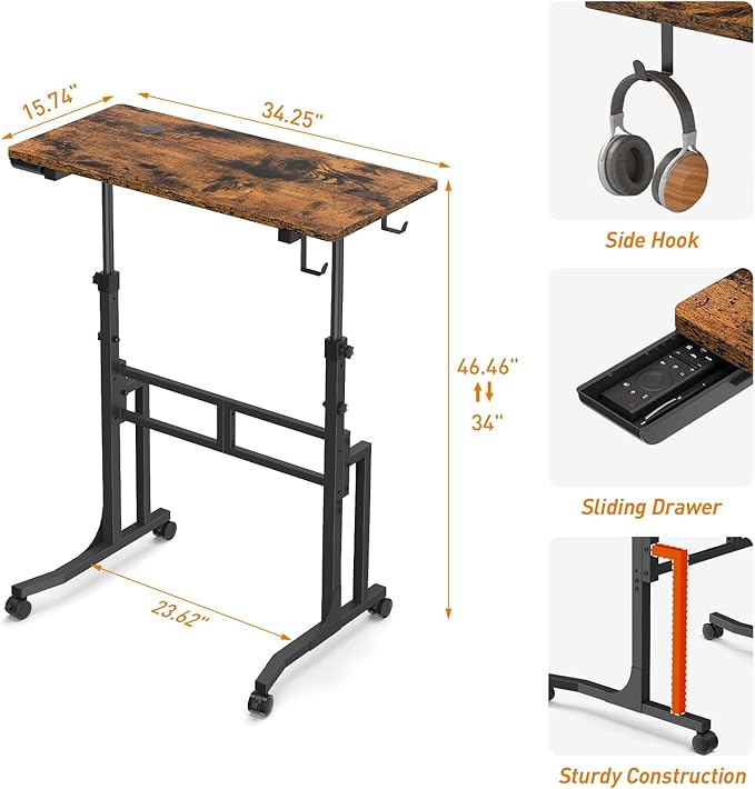 ikkle Standing Desk with Wheels, Adjustable Treadmill Desk, Rolling Bike Trainer Desk for Walking Pad Laptop, Phone Standing, Brown