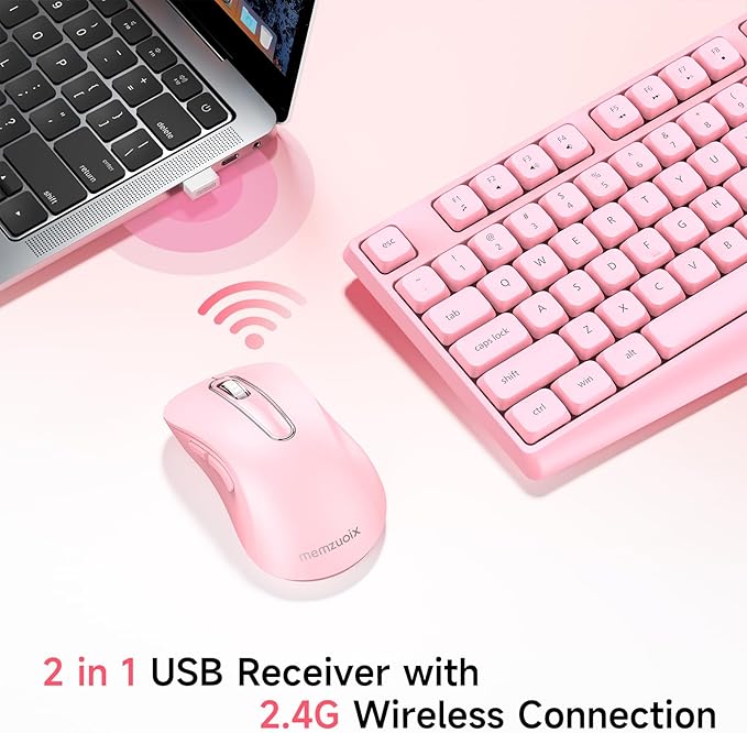 Wireless Keyboard and Mouse Combo, memzuoix 2.4G Full-Size Ergonomic Keyboard Mouse Set, Lag-Free Cordless One USB Receiver for PC, Laptop, Windows, Mac (Pink Keyboard + Pink Mouse)