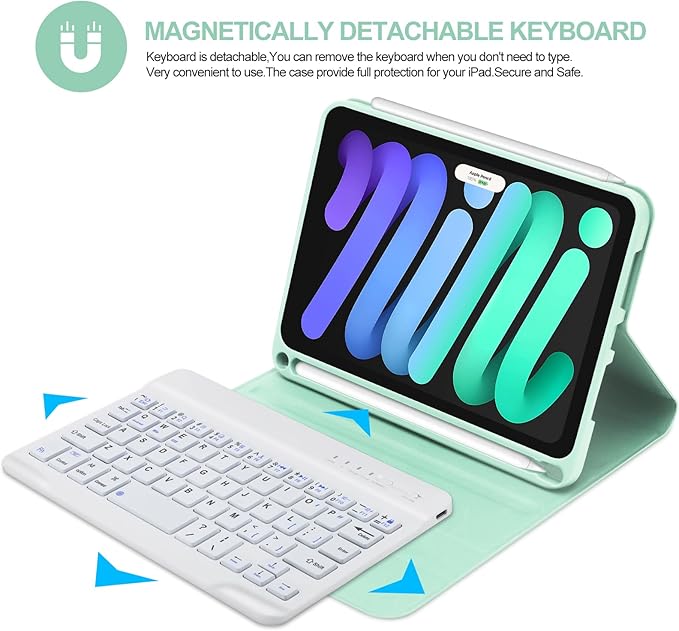 BORIYUAN iPad mini 6 Keyboard Case 2021, Detachable Wireless Bluetooth Keyboard Slim Folio Smart Cover with Build-in Pencil Holder for iPad mini 6th Generation 8.3 inch – Light Green