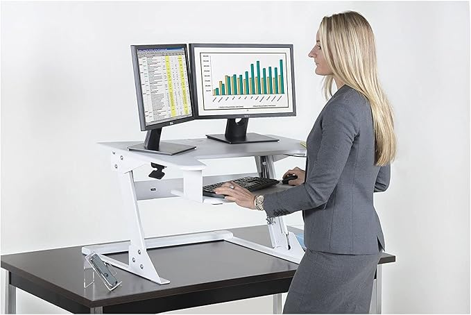 Kantek Standing Desk Converter, Adjustable Upto 20", Extra Wide Platform, Fits Dual Monitors, Sit to Stand Home Office Workstation, Grommet Hole, EZ Lift, White