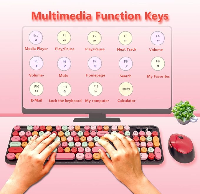 Wireless Keyboard and Mouse Combo, Ergonomic Cute Retro Typewriter Full Size Colorful USB Cordless Keyboard Mouse Set for Gaming and Office (Red)