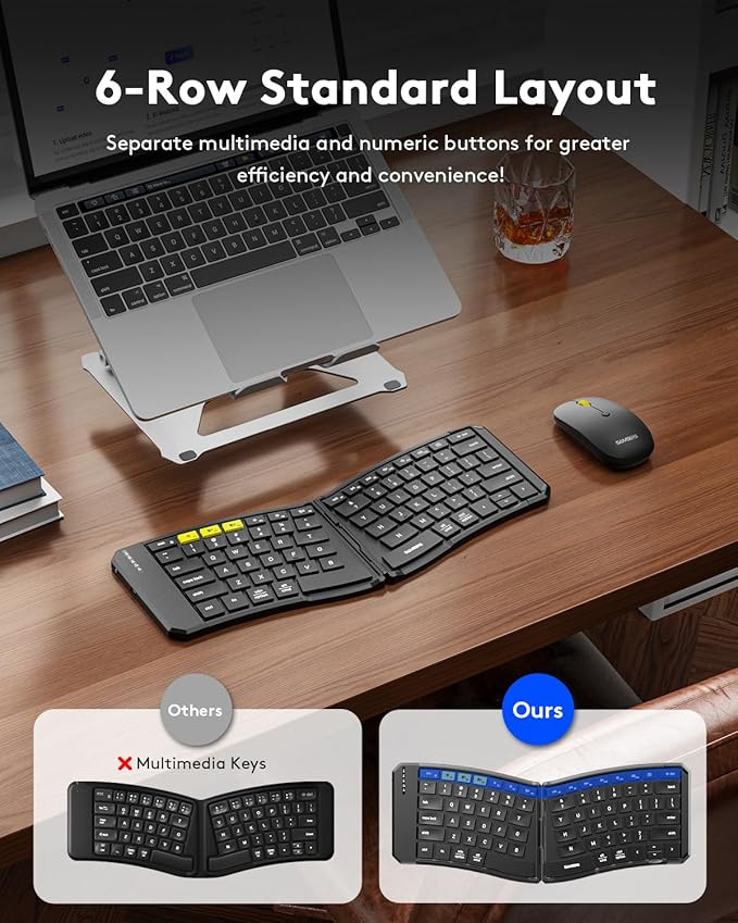 Ergonomic Foldable Keyboard and Mouse, Samsers KM09 Split Folding Bluetooth Keyboard Combo, 2.4G + BT5.0 x2, 6-Row Layout Portable Travel Keyboards & USB-C Wireless Mouse for iOS Android Windows MacOS