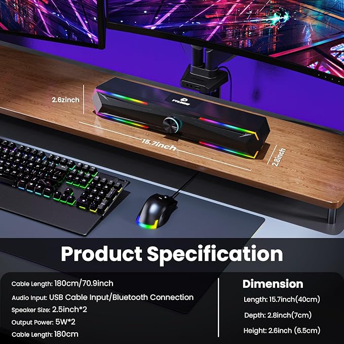 Computer Speakers PC Sound Bar with Stereo Sound, Flowing LED & Push-Button Control Computer Speaker for Desktop Laptop Monitor, USB Input Black